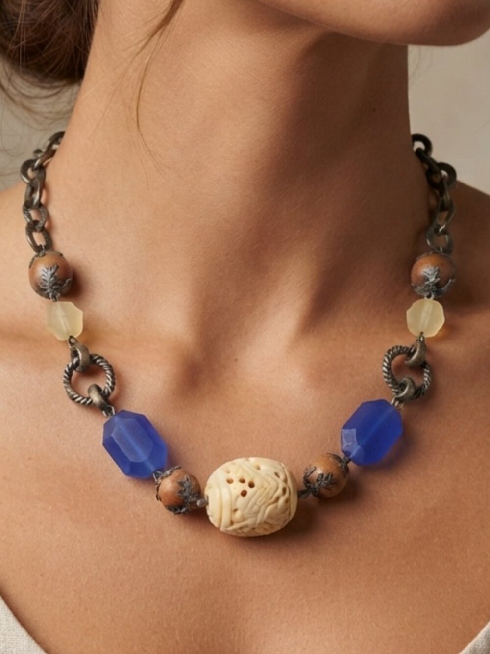 Vintage Asian inspired beaded chain link necklace 18-20 inch
